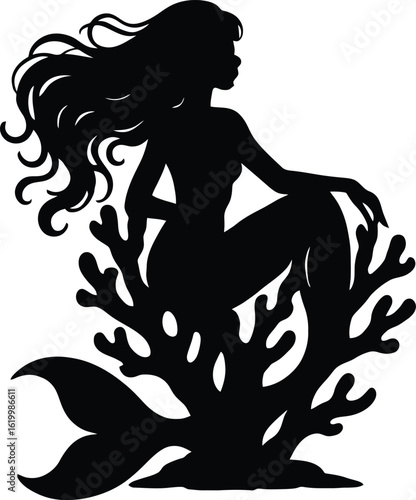 Enchanting mermaid lounging on coral throne silhouette
