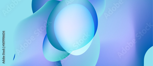 Abstract fluid shapes blend, creating soft blue gradients. Minimalist design evokes calm, serene atmosphere. Light plays with form.