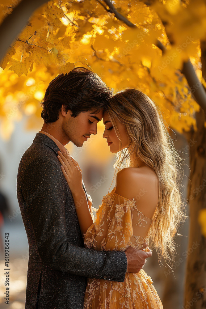 Fototapeta premium Couple embracing in autumn leaves.