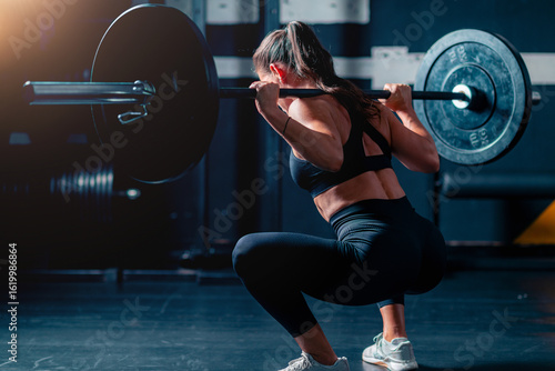 Exercising with weights, a woman uses a barbell and weights for training, building strength in a supportive gym environment.