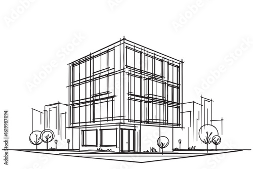 Commercial building doodles silhouette. Premises line vector illustration