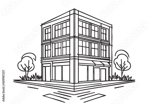 Commercial building doodles silhouette. Premises line vector illustration
