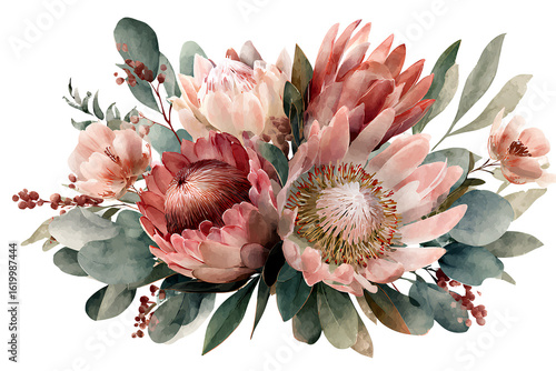  Artistic Protea Flower Bunch in Watercolor Style with Foliage, Loose Bouquet Composition, Transparent Background