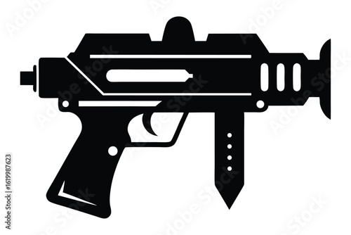 Silhouette Illustration of Futuristic Weapon with Angled Grip and Vertical Magazine Extension