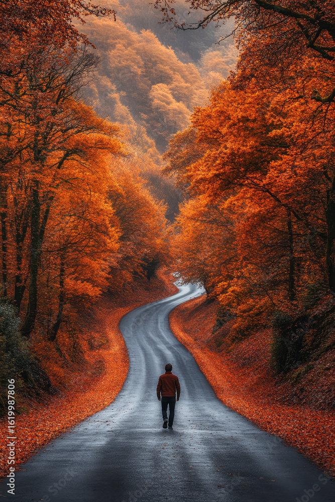 Obraz premium A man walking down a forest road.