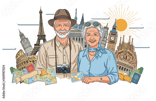 A Older Couple Exploring Europe. Illustration of Cultural Tourism and Post-Retirement Adventure. Cultural tourism and travel concept. Vector illustration.