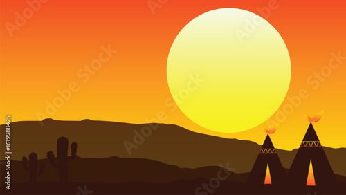 Silhouetted teepees at sunset in a desert landscape, large sun dominating the sky.