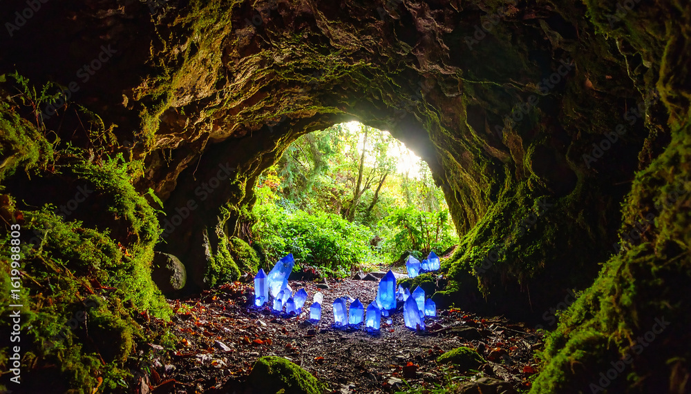 Obraz premium Enchanting forest cave illuminated by glowing blue crystals, a magical discovery awaits