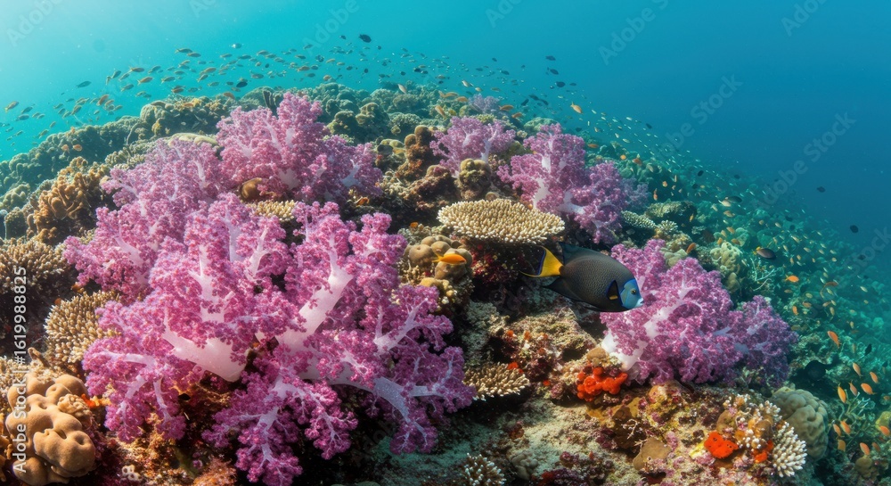 Fototapeta premium Vibrant coral reef teeming with life. Pink and purple corals of various shapes flourish amidst a colorful array of fish, highlighting the underwater ecosystem's beauty and biodiversity