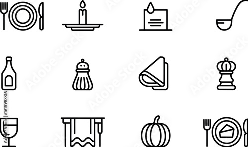 Elegant minimalist black line icons:  dinnerware, candle,  wine, autumn harvest.