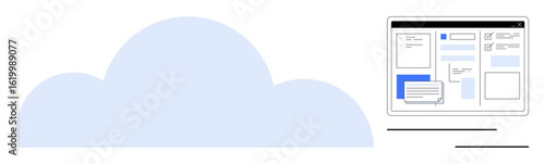 Blue cloud symbol next to a digital interface displaying document organization and management tools. Ideal for cloud storage, digital workflow, data management, remote work, office productivity