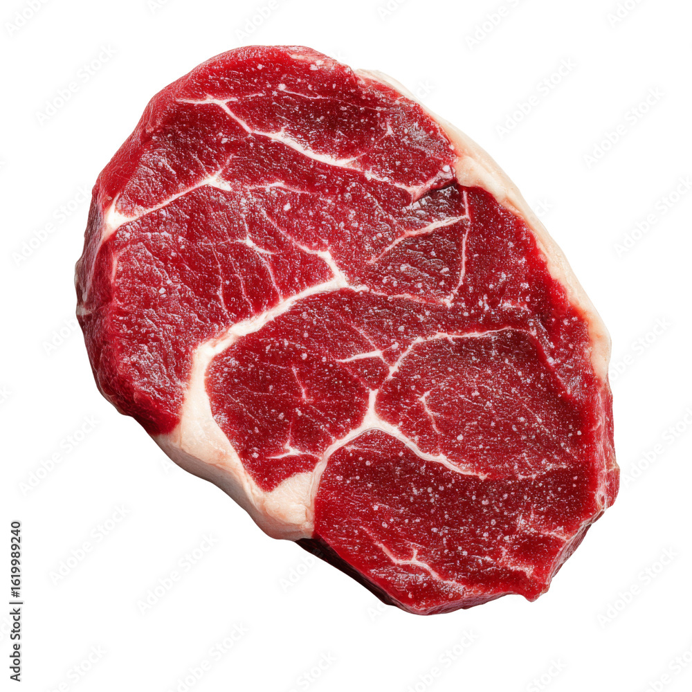 Fototapeta premium Fresh beef steak with marbling and red color, ideal for grilling or roasting. This cut showcases quality meat with rich texture and flavor, perfect for culinary enthusiasts