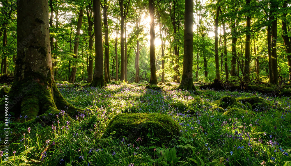 Obraz premium Sunbeams illuminate a vibrant forest floor carpeted with blooming bluebells and mossy rocks.