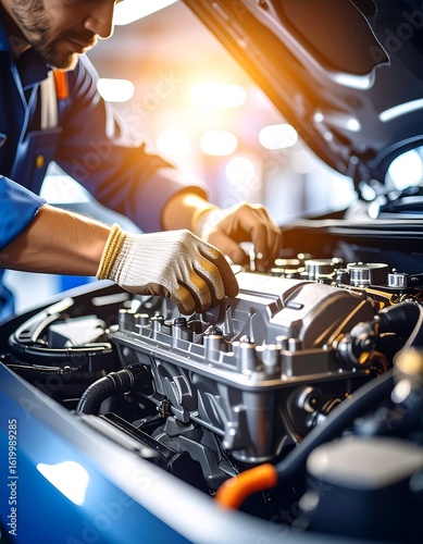 Mechanic working on car engine