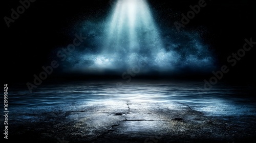 Dramatic Blue Spotlight On Dark Stage Floor