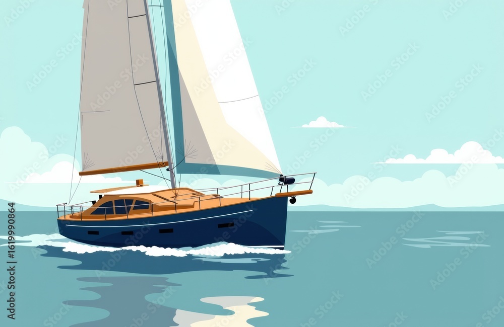 Fototapeta premium Sailboat cruising on calm sea with clear sky and gentle waves