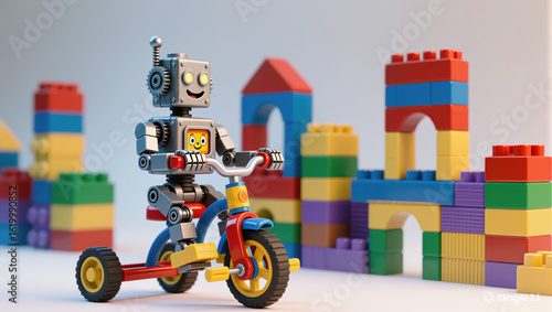 Friendly robot toy riding a colorful tricycle in front of a building block castle
