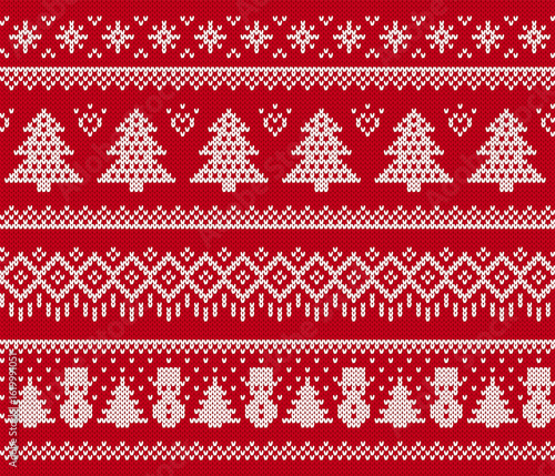 Christmas ornament with snowman, snowflakes, trees, knit seamless pattern. Festive Xmas ugly elements. Fair isle sweater xmas border. Knitted print. Vector illustration