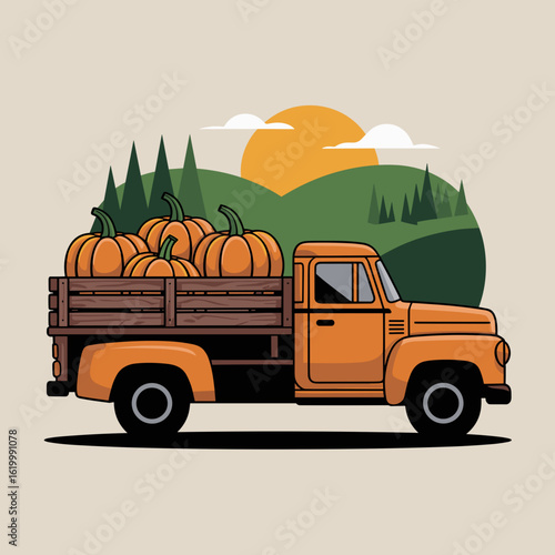 Vintage truck transporting pumpkins in autumn landscape  