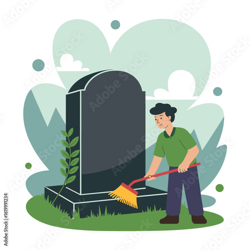 Man cleaning a gravestone with broom in a green cemetery setting  