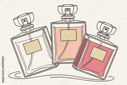 Collection of transparent multi color glass perfume bottles on a light background. Art composition still life. Stylish parfumerie banner.