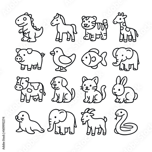 Black and white cartoon animal illustrations featuring various cute creatures