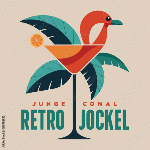 Mid Century Modern Poster With Jungle Bird And Retro Cocktail Theme