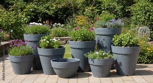 Fototapeta Naklejka Na Ścianę i Meble -  Collection of gray flowerpots with colorful flowers on a brick patio in a garden