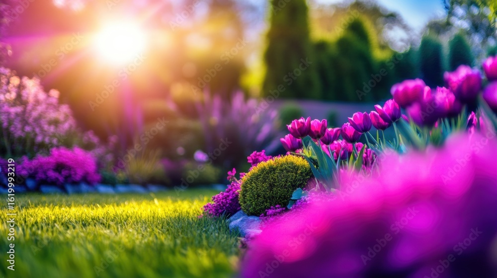 Obraz premium Vibrant spring garden filled with blooming flowers and sunlight