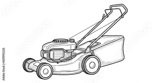 Lawn mower illustration in black and white sketch style  