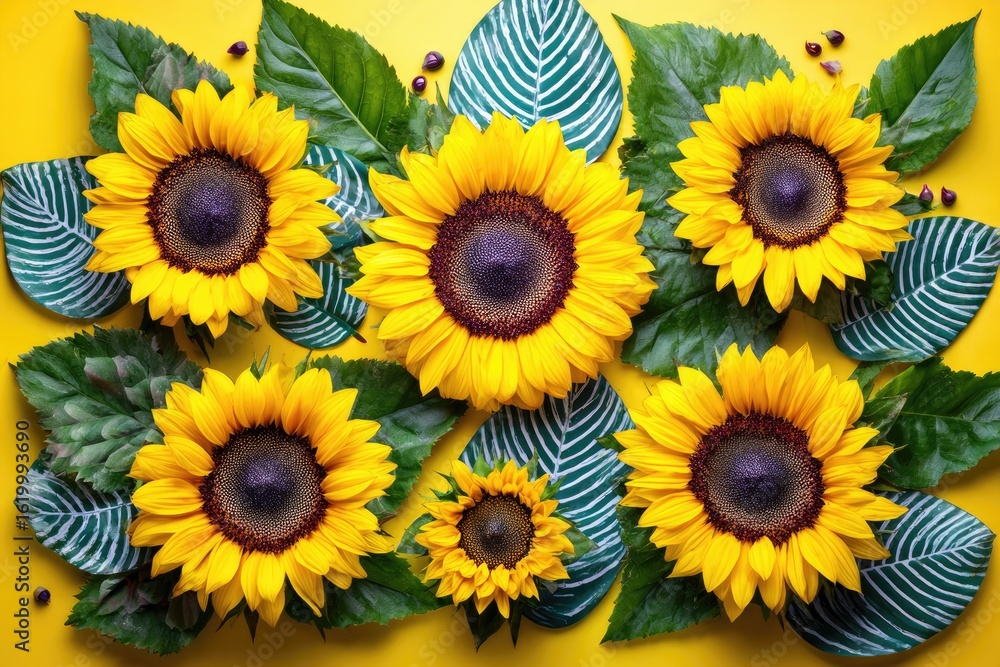 Fototapeta premium Sunflowers and leaves on a bright yellow background