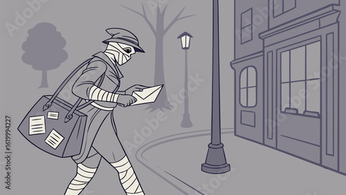Mysterious mummy postman delivers envelope on a gloomy street with a vintage building and lamppost