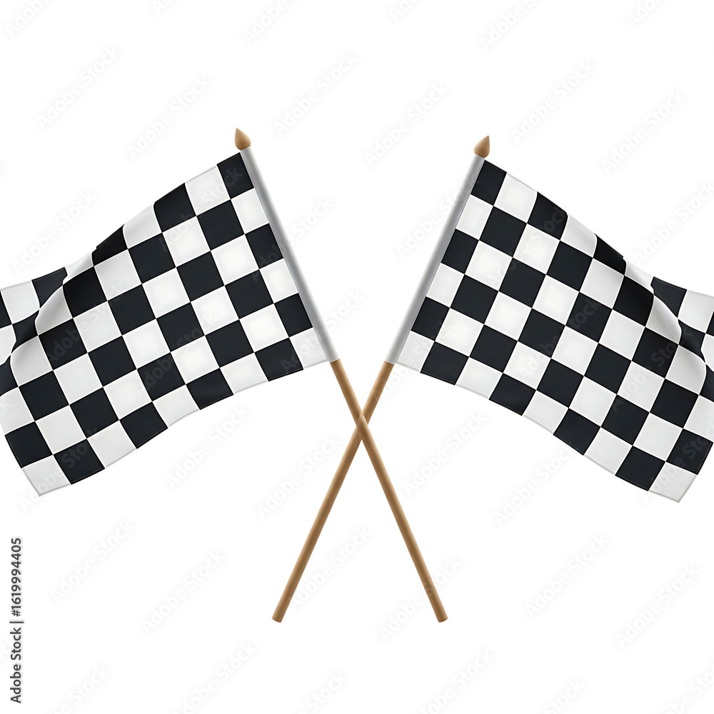 Fototapeta premium Two Crossed Checkered Flags Waving Against Black Background Symbolizing Racing Sports Victory and Success Competition Concept