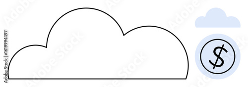Large cloud outline paired with smaller cloud enclosing a dollar symbol. Ideal for cloud computing, online storage, investment, technology costs, digital savings, IT budgeting, simple flat metaphor