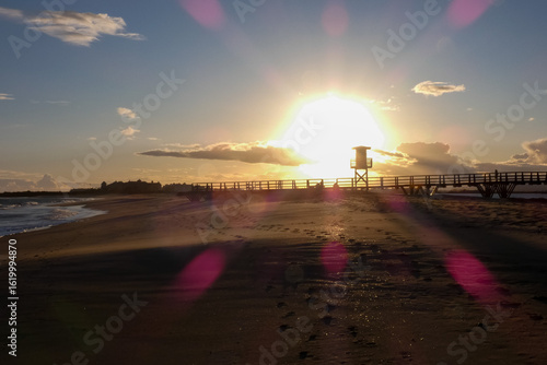 Dramatic cloudscape looming over coastal resort town