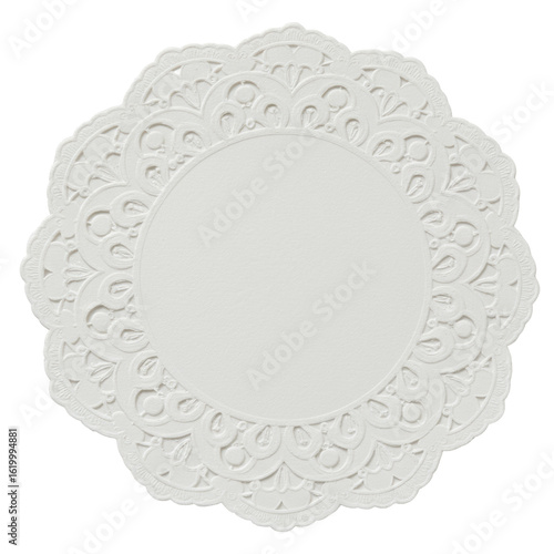 A pristine, circular paper doily with intricate lace-like cutouts, presented in a perfect overhead flat lay on a transparent, shadowless studio background, commercial product concept