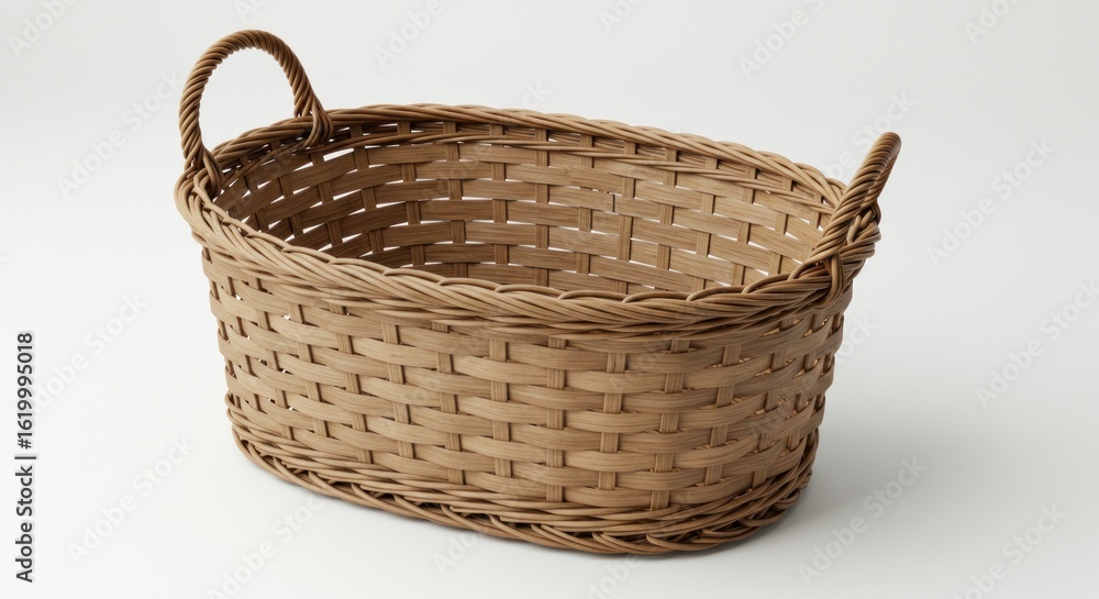Fototapeta premium Woven tan basket, oval shaped with textured handles, rests on a white surface, showcasing woven detail