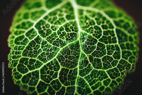 Close-up of a vibrant green leaf, intricate vein structure