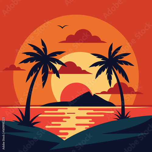 Sunset on a Tropical Island Vector Illustration with Golden Horizon