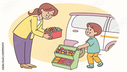 A smiling mother hands a box of colorful candies to her happy son who is holding a display stand filled with sweets next to a white vehicle