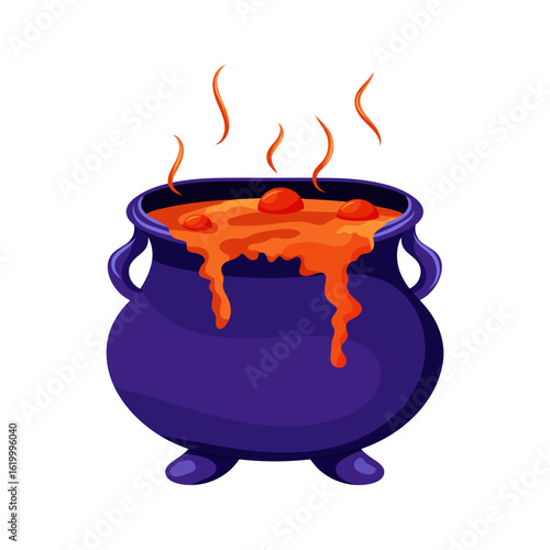 Boiling magical witch's cauldron with thick orange potion. Vector illustration for Halloween design 