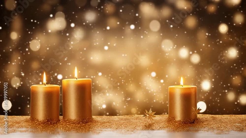 Wallpaper Mural Yellow candles with fire, Christmas cozy design. Empty golden template with set of candles outdoor with snowing and lights bokeh, Christmas background with copy space. Festive backdrop for your text. Torontodigital.ca