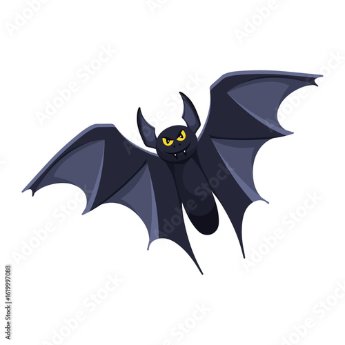 Flying Halloween bat with yellow eyes. Vector illustration for spooky designs, horror themes, and party invitations.