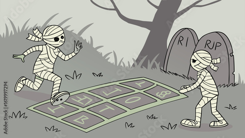 Two adorable mummies playing hopscotch on a spooky graveyard with tombstones and a bare tree in the background creating a fun halloween scene
