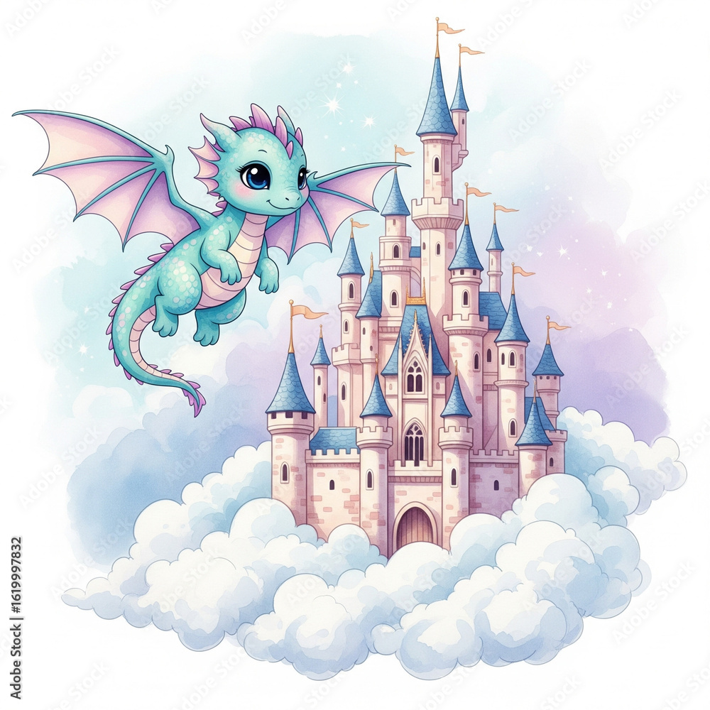 Fototapeta premium A delightful collection of hand-painted watercolor illustrations in soft pastel tones, featuring cute animals, fairytale characters, nursery scenes, Islamic kids, magical elements, floral designs, edu