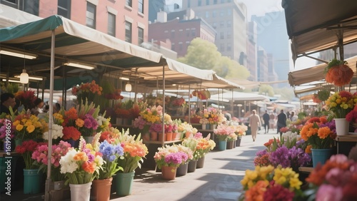 Outdoor Flower Market with Vibrant Stalls and Urban Backdrop