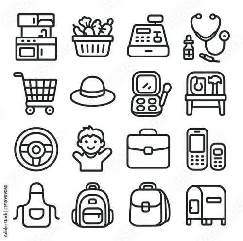 Collection of various icon outlines on gray background
