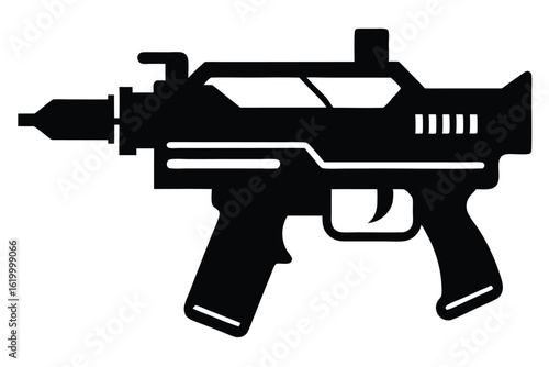 Detailed Silhouette of a Futuristic Submachine Gun with Unique Design Elements Depicted Neatly