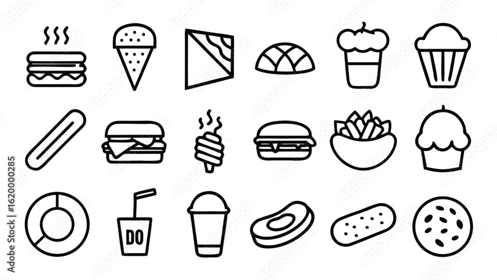 Fototapeta premium “Fast Food Line Art Set – Minimal Outline Vector Illustrations of Burgers, Pizza, Snacks, and Drinks Fast food, line art, outline icons, vector illustrations, minimal design, burger icon, pizza