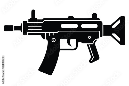 Silhouette Illustration of a Submachine Gun with Stock, Magazine, and Sights Visible